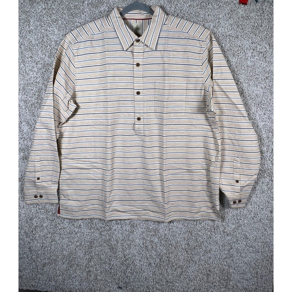 The Territory Ahead Shirt Mens Henley Pullover Striped Cream Long Sleeve SIZE XL